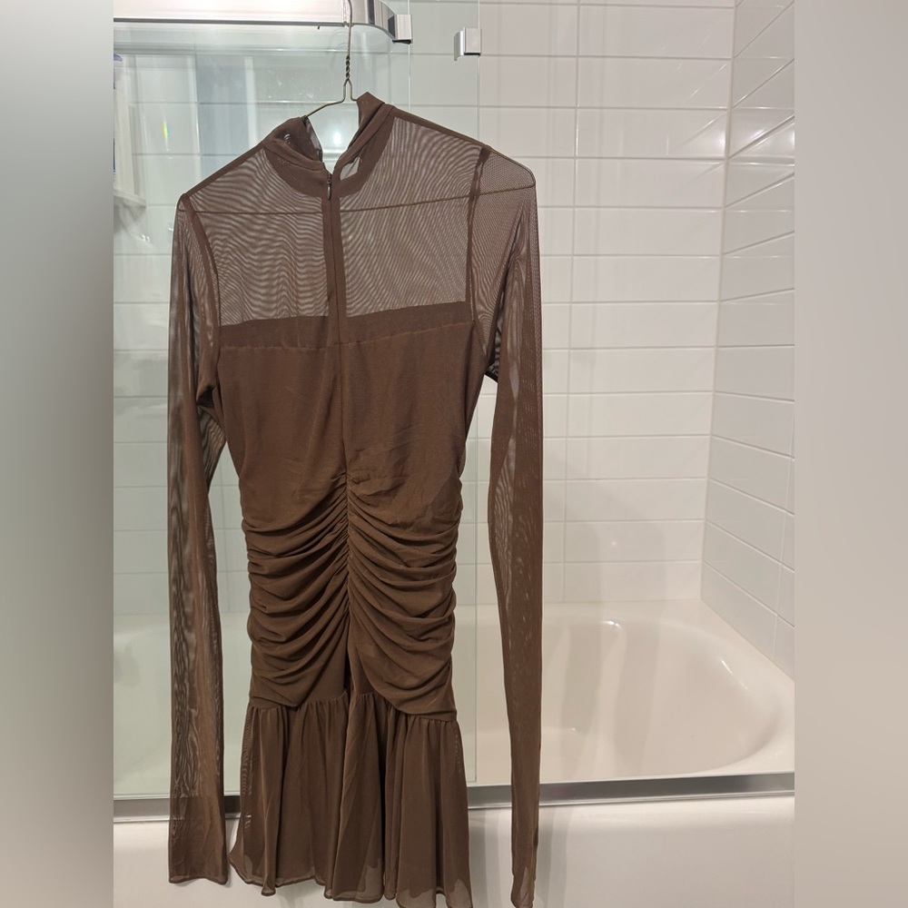 Amanda Uprichard Brown Long Sleeve Mesh Mini Dress - Picture 7 of 13